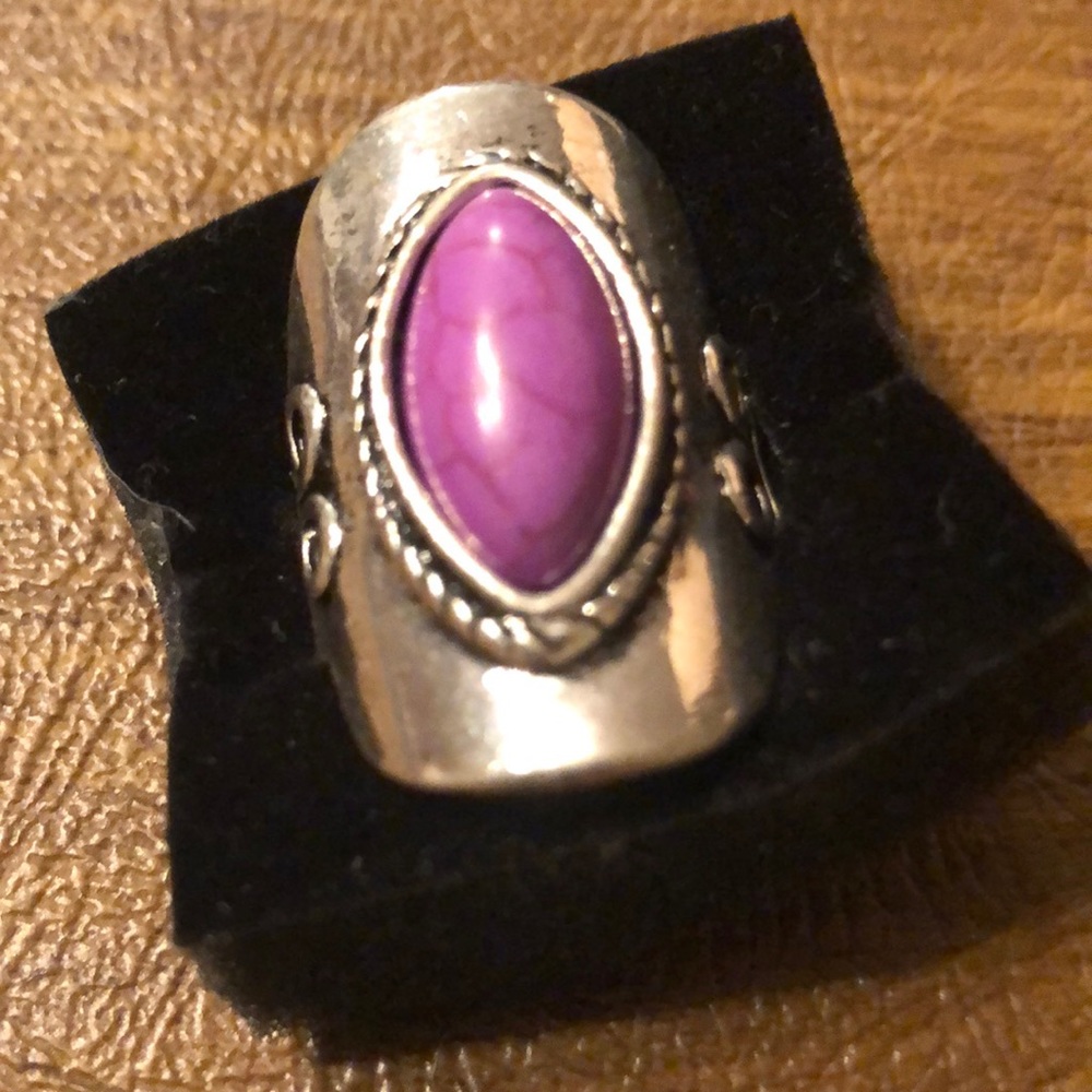 Silver and purple Aztec styled ring